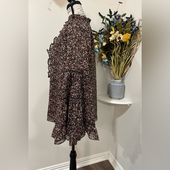 Buddy Love Brown and Cream Ruffled 3/4 Bell flowy Sleeves sheerBlouse size Med - Picture 6 of 10